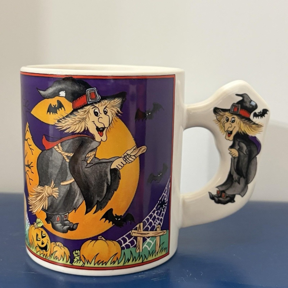 Vintage Halloween WCL Witch Mug Figural Handle Pumpkins Bats Broomstick
